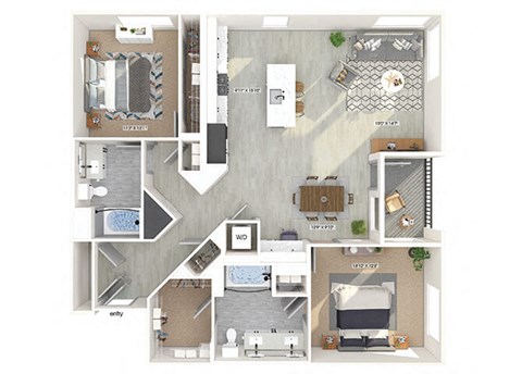 Floor plan for 2 beds, 2 baths, 1408 sqft